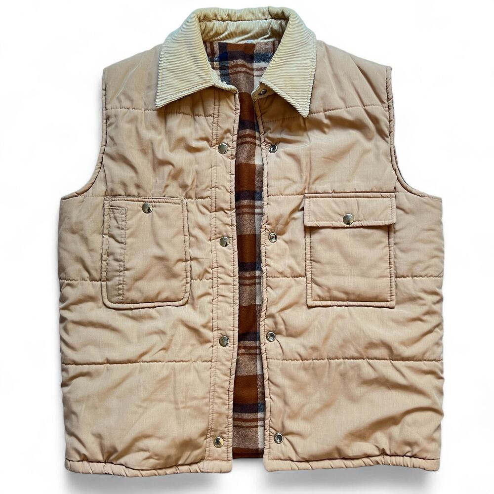 Vintage 80s Pedigree Reversible Corduroy Plaid Flannel Lined Puffer Vest Tan Ski